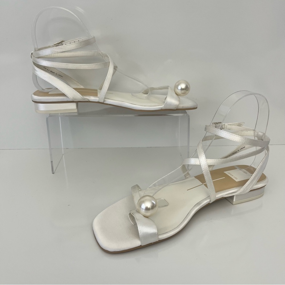 Dolce Vita White Satin Pearl Strappy Flat Sandals Bridal Wedding Size 8.5 - Picture 3 of 13
